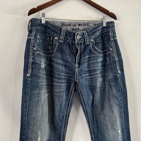 Buckle Black Jeans Distressed Denim Three Fit 34X32 Fade Stitching Medium Wash - Picture 2 of 16